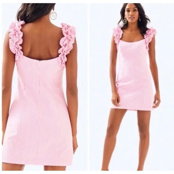 Lilly Pulitzer Pink Seersucker Ruffle Strap Sheath Dress Size 10 - Picture 5 of 5